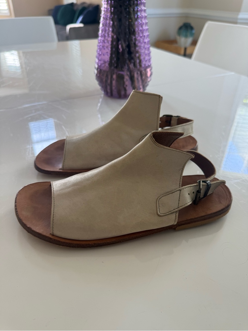 Cream Leather Open-Toe Slingback Sandals